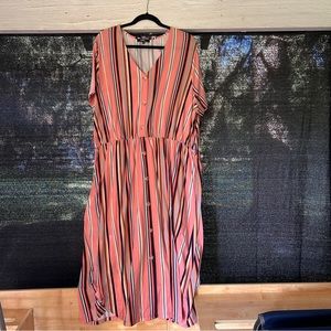 3X Pink Striped Pastel Workwear Button Front Midi Dress